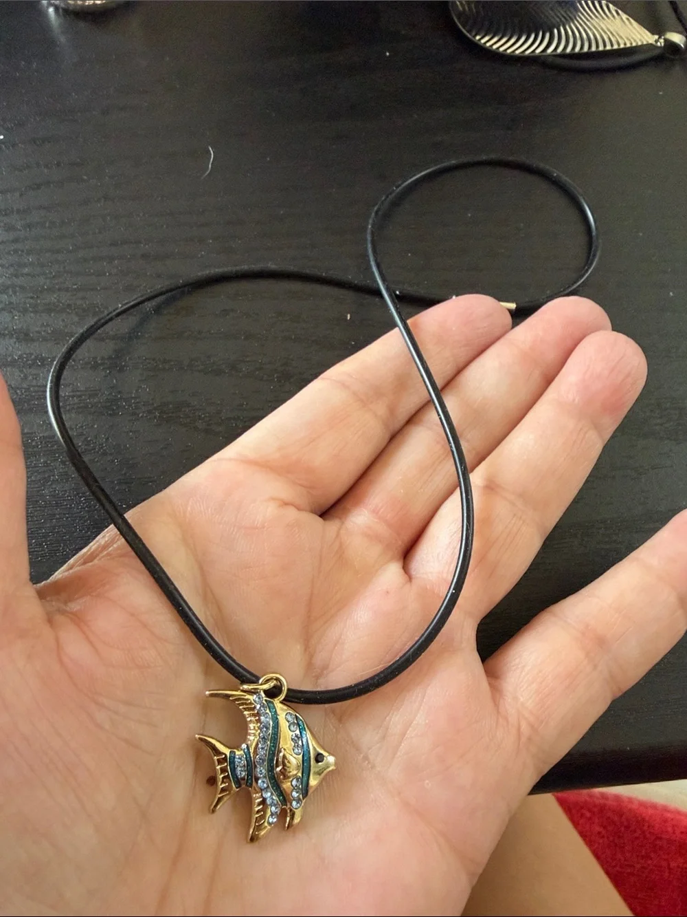 Hand Crafted Gold and Blue Rhinestone Fish Pendant Necklace